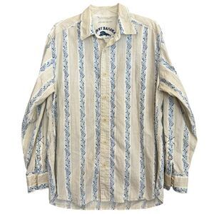 Tommy Bahama Cotton Lawn Chair Shirt Mens M Floral Striped Beige Blue Button Up